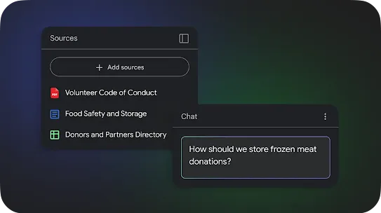 A square graphic of a digital workspace showing a "Sources" panel with documents like a safety manual and code of conduct next to an open "Chat" window querying safety protocols.