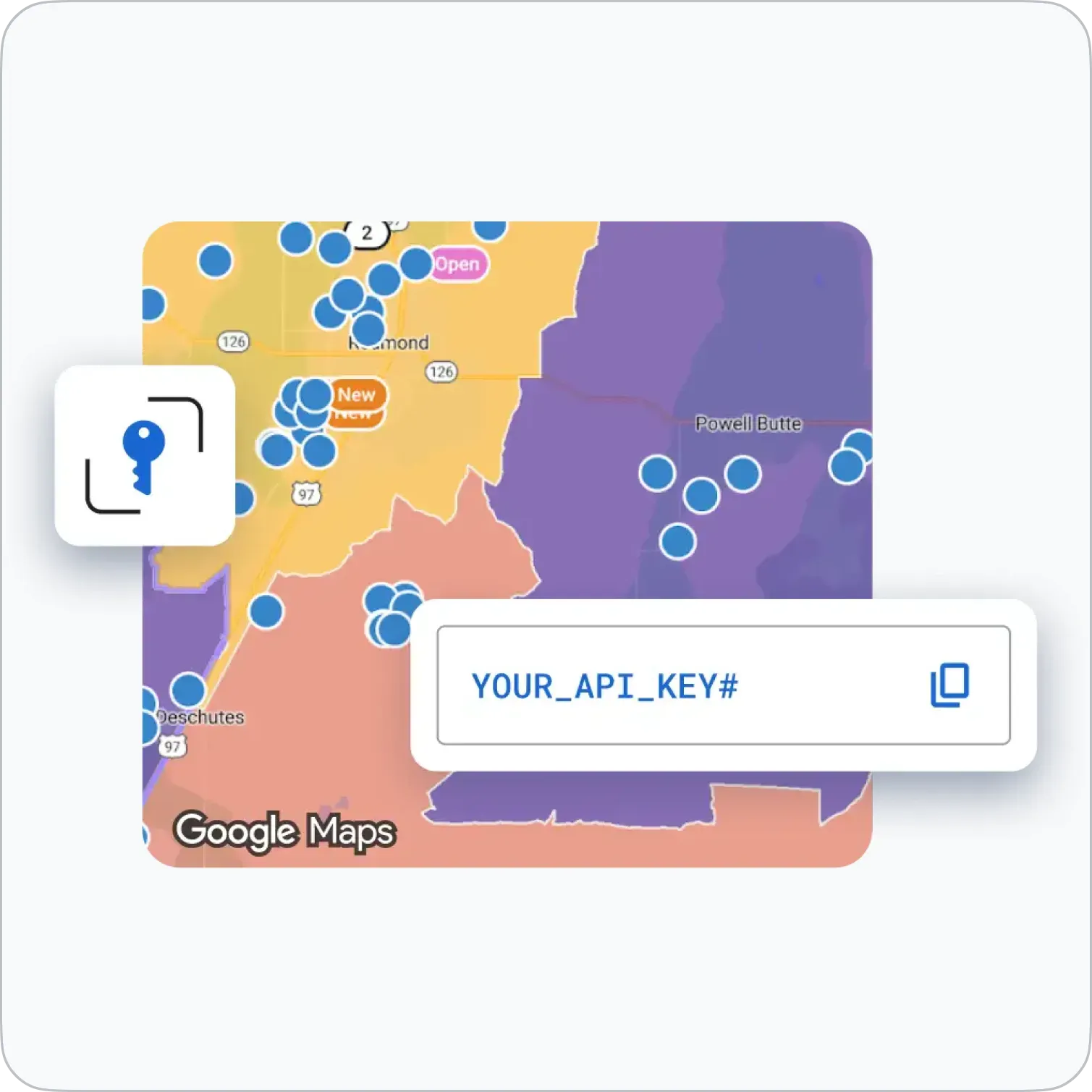 A product mockup illustrating digital map integration. The background displays a Google Maps section of a region with colored boundaries, data point pins, and locations like Redmond and Powell Butte. An overlay box on the bottom right reads "YOUR_API_KEY#" next to a copy icon, while a blue key security icon appears on the left.