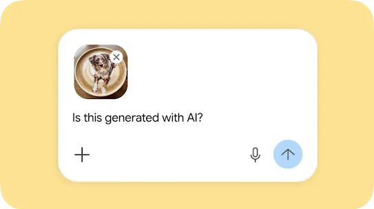 A user interface card set against a soft yellow background shows an uploaded square image of detailed dog latte art in a coffee cup. Below the photo, the text prompt reads "Is this generated with AI?", positioned next to a plus sign icon, a microphone icon, and a blue up-arrow submit button.