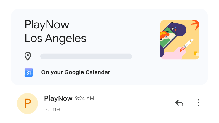 Kartu yang mengonfirmasi acara “PlayNow Los Angeles”, dengan opsi untuk melakukan sinkronisasi ke Google Kalender Anda