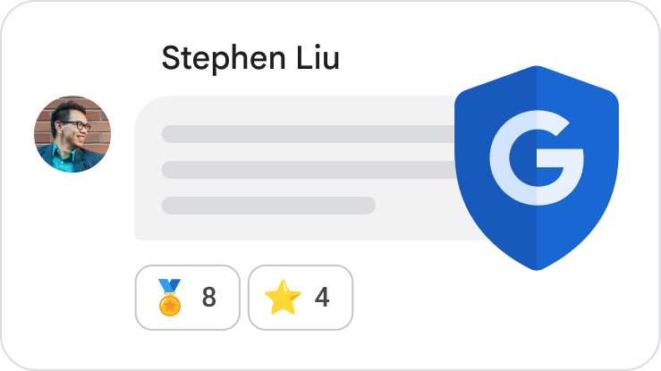 Stephen Liu 的用户资料卡片，显示一个大大的“G”安全盾牌徽标，表明内置安全功能。
