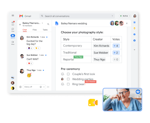 Gmail 聊天功能，文档协作和视频聊天同屏显示