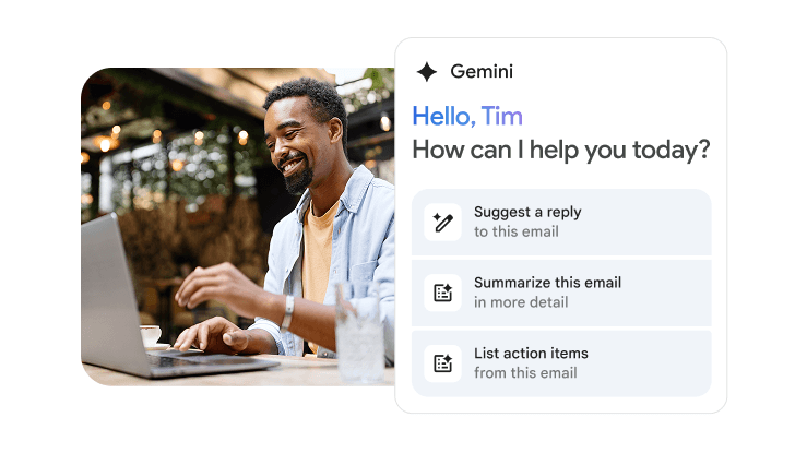 一位名叫 Tim 的男士正在借助 Gmail 中的 Gemini 来完成任务。
