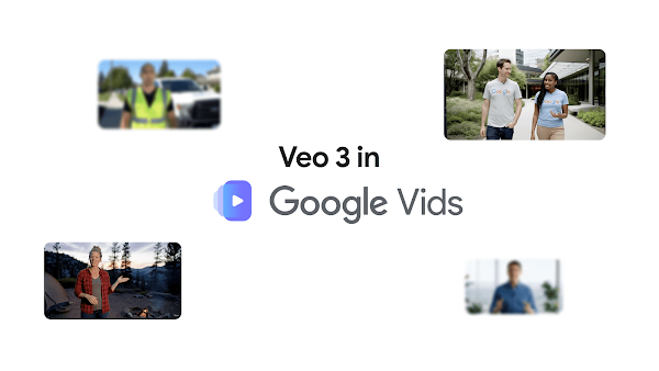 'Google Vids의 Veo 3'을 보여주는 그래픽으로, 다양한 배경에서 발표하는 사람들의 동영상 썸네일 4개 가운데에 로고가 있습니다.
