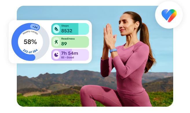A woman doing fitness activities outdoors with various Google Health UI fitness goals overlayed above the image.