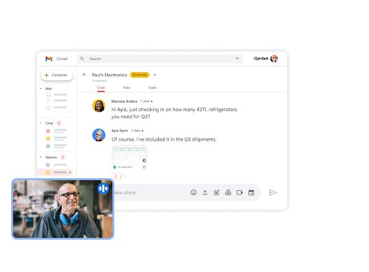 Google Workspace interface graphic – Gmail + Meet collaboration