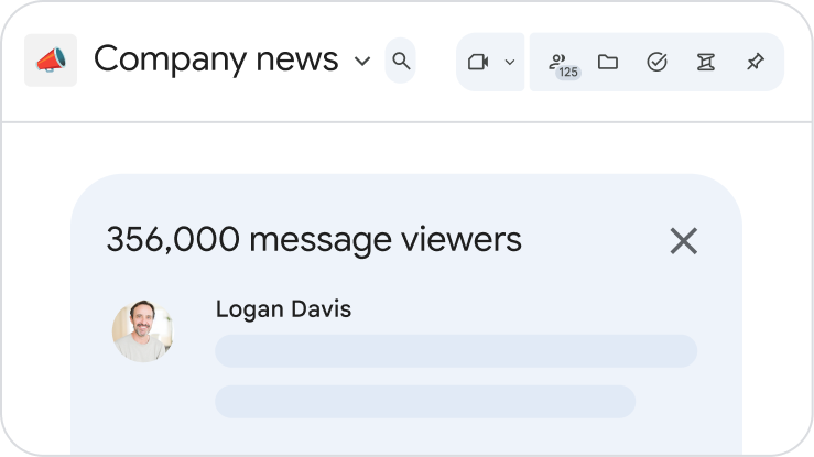 名称为“公司新闻”的 Google Chat 公告聊天室，显示图中消息有 356,000 位查看者。