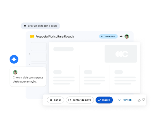 O Gemini nas Apresentações Google criando um slide com a pauta do pitch de venda de uma empresa.