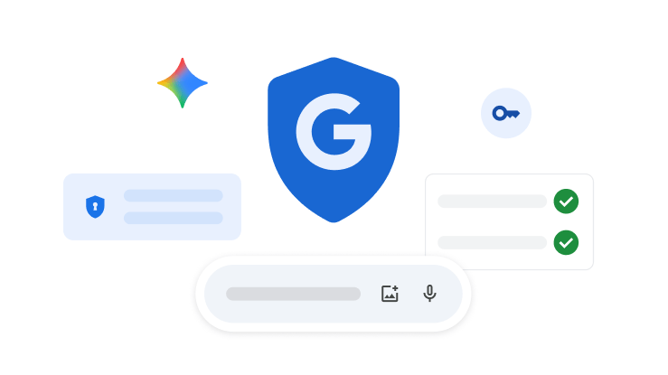 Infografik om AI-sikkerhed i Google Workspace med Gemini- og Google Security-logoerne