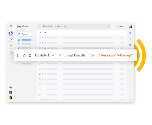 Gmail 收件箱，以橙色文字显示跟进提醒