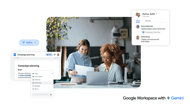 Mehrere Personen in einem Büro nutzen KI-Tools in Google Workspace für die Kampagnenplanung und zur Kommunikation.