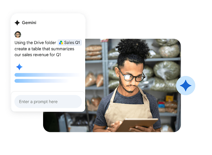 一名男性在面包店内借助 Gemini for Google Workspace 制作表格来总结第一季度的销售收入。