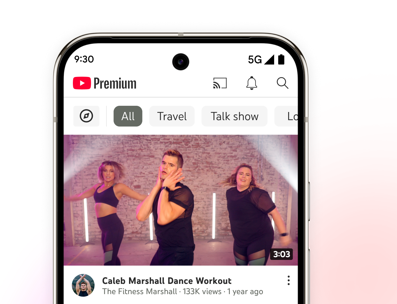 YouTube app UI with a fitness video on screen