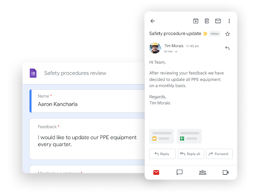 Workspace illustrative graphic – team mates edit docs while on a Google Meet call together