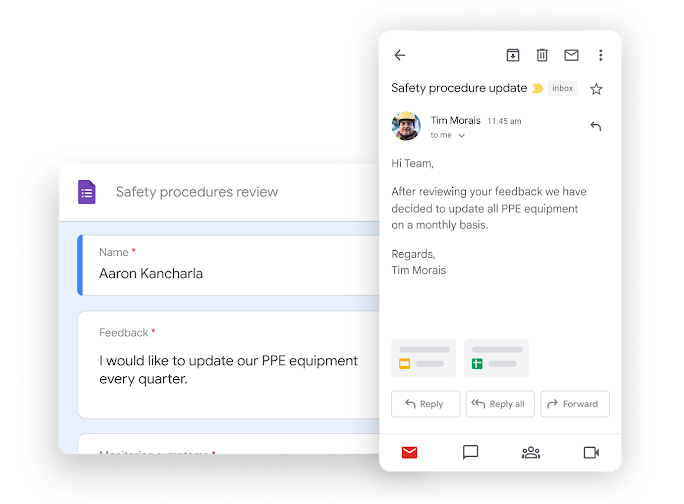 Workspace illustrative graphic – team mates edit docs while on a Google Meet call together