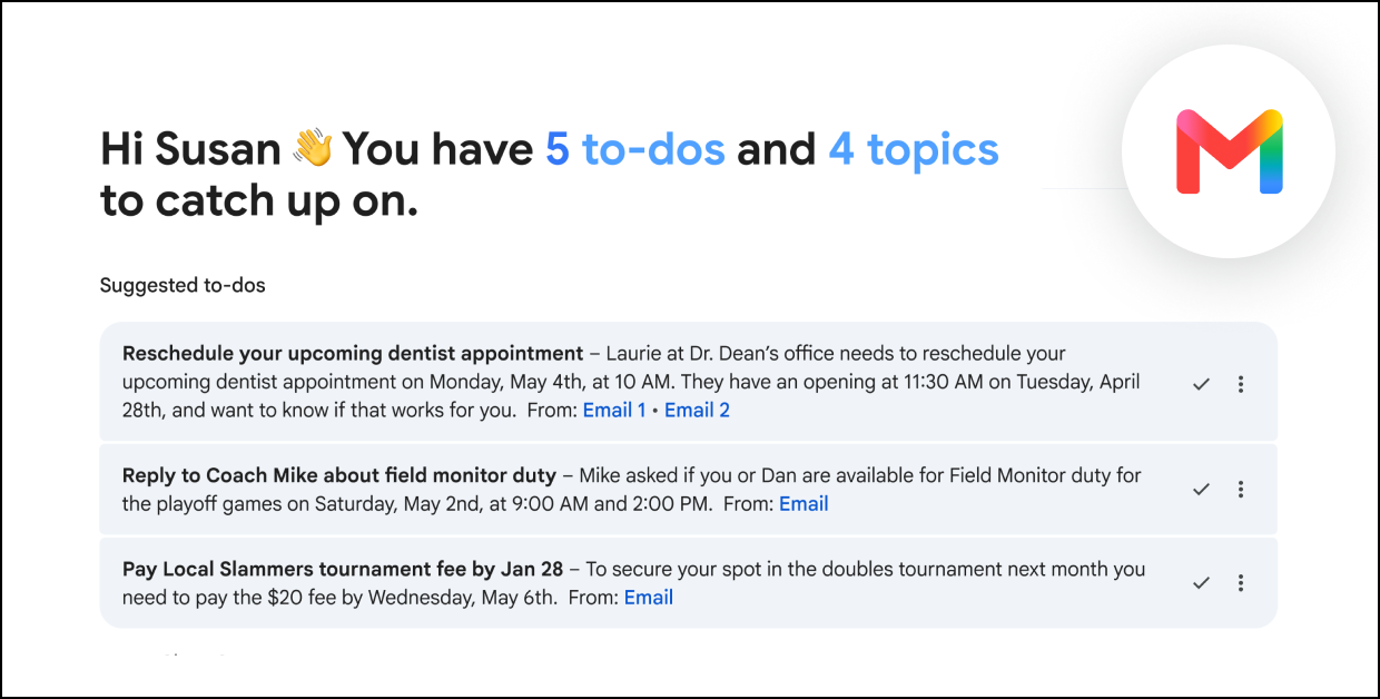 Gmail AI Inbox interface summarizing 5 to-dos and 4 topics for Susan, alongside a list of suggested tasks and Gmail logo.