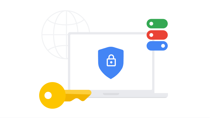 Illustration zum Thema Sicherheit, die einen Laptop mit Schildsymbol, einen großen Schlüssel und Ein/Aus-Buttons zeigt.