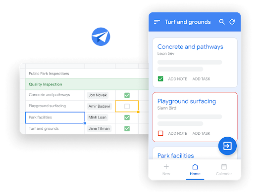 Workspace illustrative graphic – team mates edit docs while on a Google Meet call together