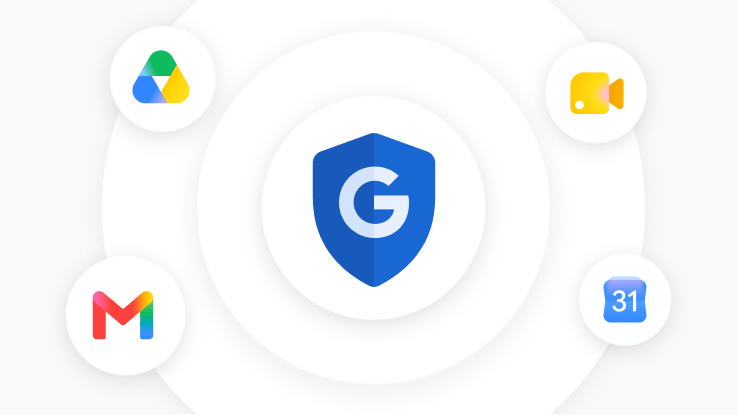 A Google security shield logo in the centre, surrounded by smaller logos for Google Drive, Google Meet, Gmail and Google Calendar.