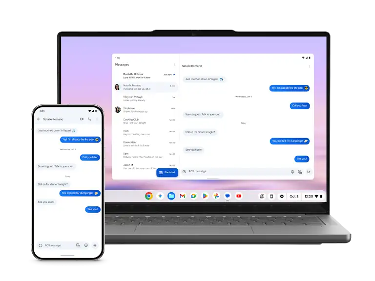Image shows a text conversation about dinner syncing instantly between an Pixel phone and a Google Chromebook.
