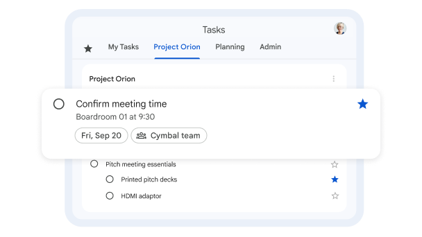 Separate task lists are set up for Project Orion, planning and admin. A task called 'Confirm meeting time' has been starred within Project Orion to make it easier to find.