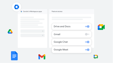 一张屏幕截图，显示了内置 Gemini 的 Google Workspace控制选项，其中云端硬盘、Google 文档和 Meet 的访问权限已启用，但 Gmail 的访问权限已停用。
