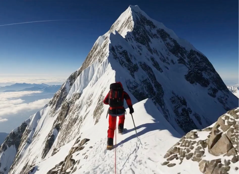 Climber in red gear ascending a narrow snow ridge towards a towering mountain peak under a clear blue sky.