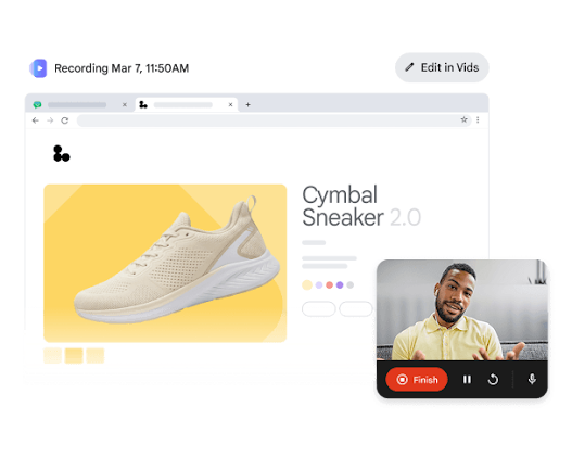 브라우저 창에 'Cymbal Sneaker 2.0' 제품 세부정보 페이지가 표시되어 있습니다. 페이지에는 신발 이미지가 크게 표시되어 있고 색상 및 크기 선택 도구가 있으며, 화면 녹화기가 실행되는 동안 한 남성이 페이지를 설명하는 작은 동영상 오버레이가 있습니다.