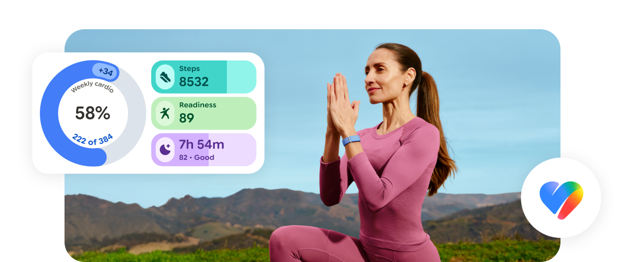 A woman doing fitness activities outdoors with various Google Health UI fitness goals overlayed above the image.