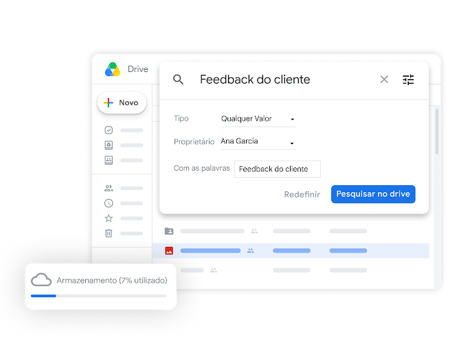 Interface de armazenamento no Google Drive mostrando recursos de armazenamento.