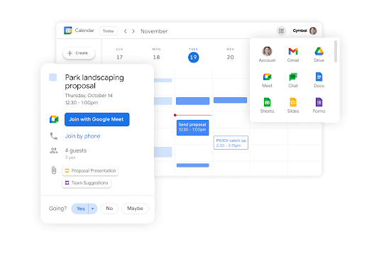 Google Workspace interface graphic – Calendar invite edits and other apps