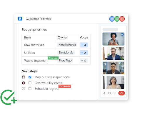 Google Workspace interface graphic – collaborative Doc edits while on a meet call
