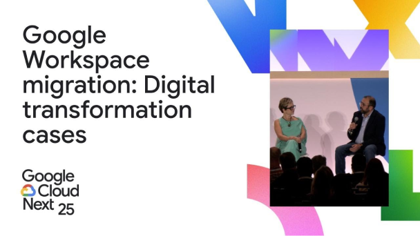 YouTube 播放按钮嵌在一段视频中，该视频是在 Google Cloud Next 25 大会上录制的，讲述了 Google Workspace 迁移
