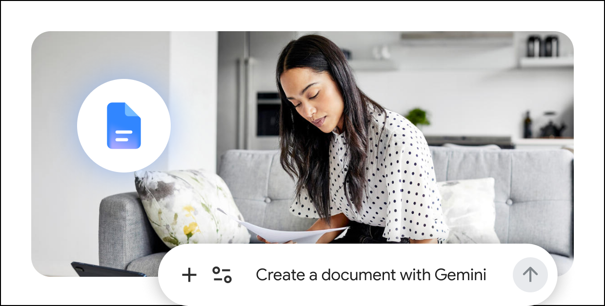 Woman on couch reading papers, overlaid with a Google Docs icon and a 'Create a document with Gemini' prompt.