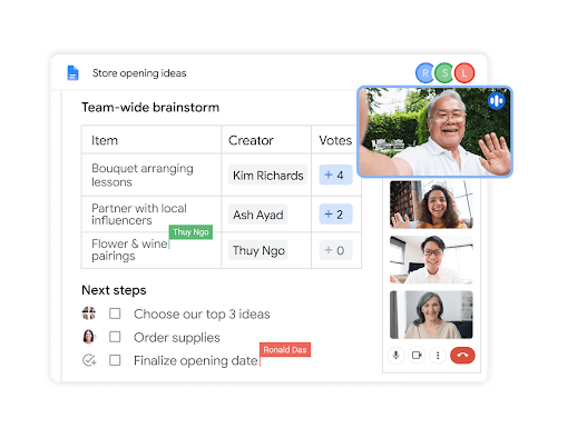 Google Docs layered with comments and live meeting features.