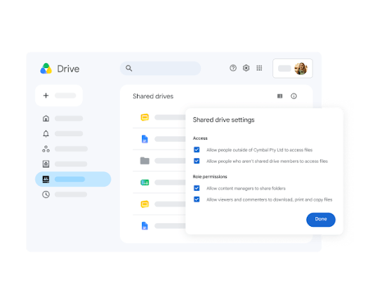 Viewing shared Drive settings for access and role permissions
