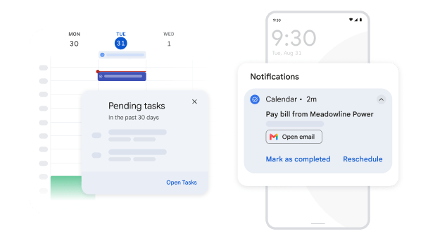 A reminder pop ups in Google Calendar to show pending tasks in the past 30 days and a notification pops up on a mobile phone to show a bill payment reminder.