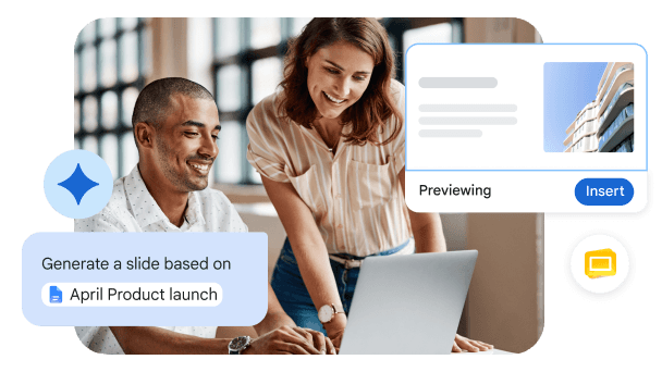 Google 幻灯片中的 Gemini 正在根据“April Product launch”（4 月产品发布会）文档制作幻灯片，画面中显示了一男一女在看笔记本电脑。