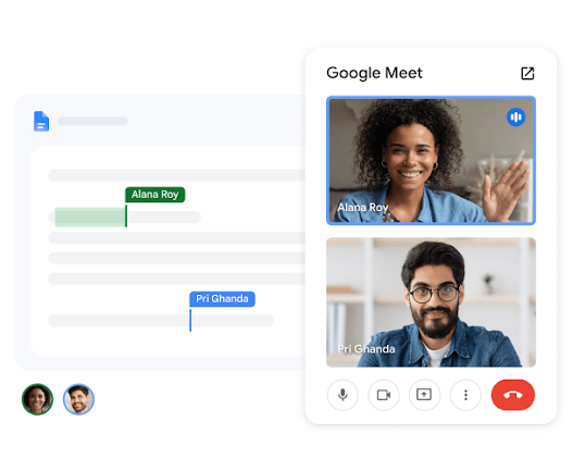两名团队成员在 Google 文档中进行 Meet 通话