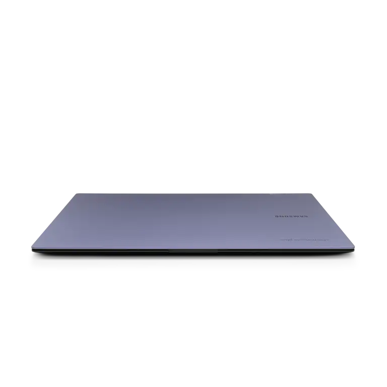 Samsung Galaxy Chromebook Plus device shown closed in a direct front view.
