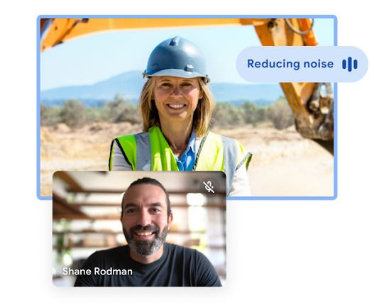 Google Meet video call with one user in a living room and one user outdoors, with product UI depicting Active Noise Cancellation. 