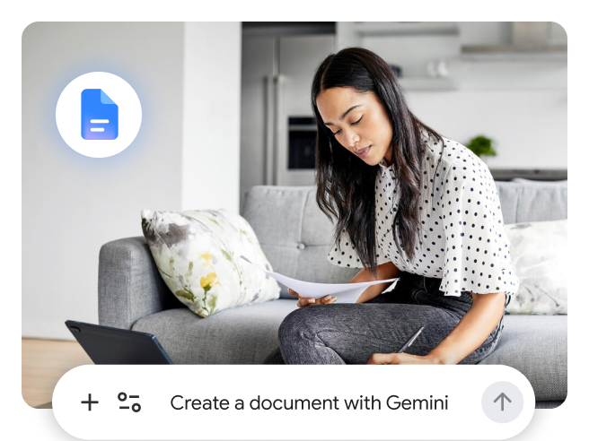 Woman on couch reading papers, overlaid with a Google Docs icon and a 'Create a document with Gemini' prompt.