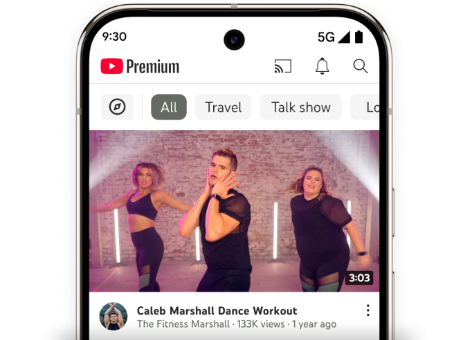 YouTube app UI with a fitness video on screen