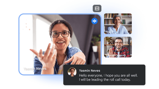 Google Meet video call showing three users, with a live transcript reading, 'Hello everyone, I hope you are all well. I will be leading the roll call today.' 
