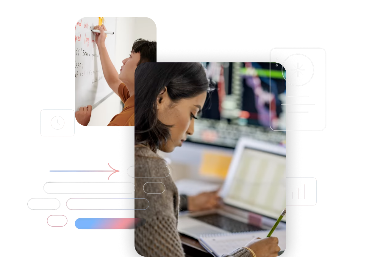 Images of students white boarding and programming code.