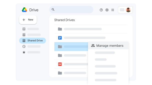 Google 云端硬盘界面，显示了一个共享云端硬盘文件，其中选择了“Manage members”（管理成员）。