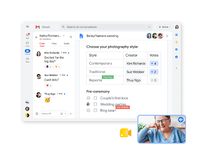 Gmail 聊天功能，文档协作和视频聊天同屏显示
