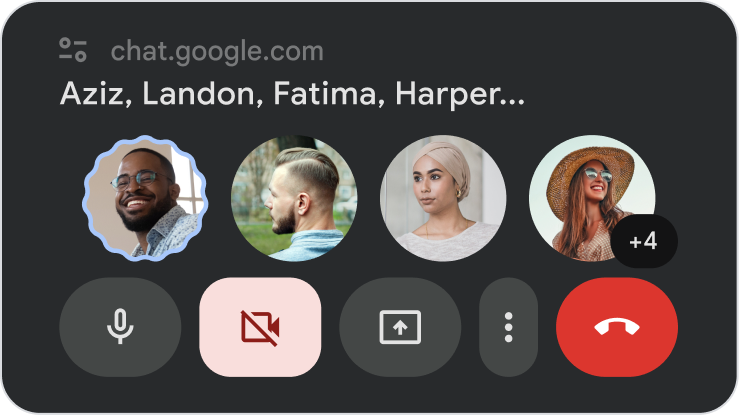 Google Chat 全屏群组视频通话，显示了四位参与者的个人资料照片和通话控件。