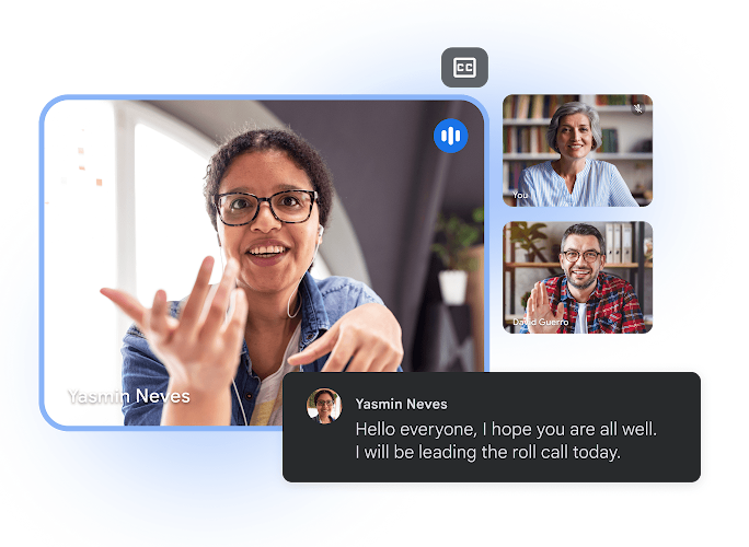 Google Meet video call showing three users, with a live transcript reading, 'Hello everyone, I hope you are all well. I will be leading the roll call today.' 