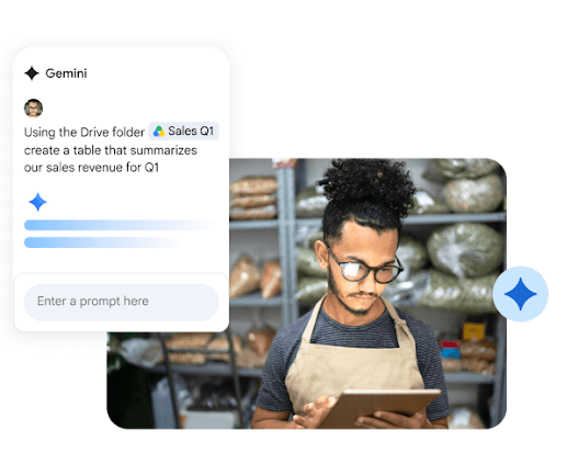 一名男性在面包店内借助 Gemini for Google Workspace 制作表格来总结第一季度的销售收入。